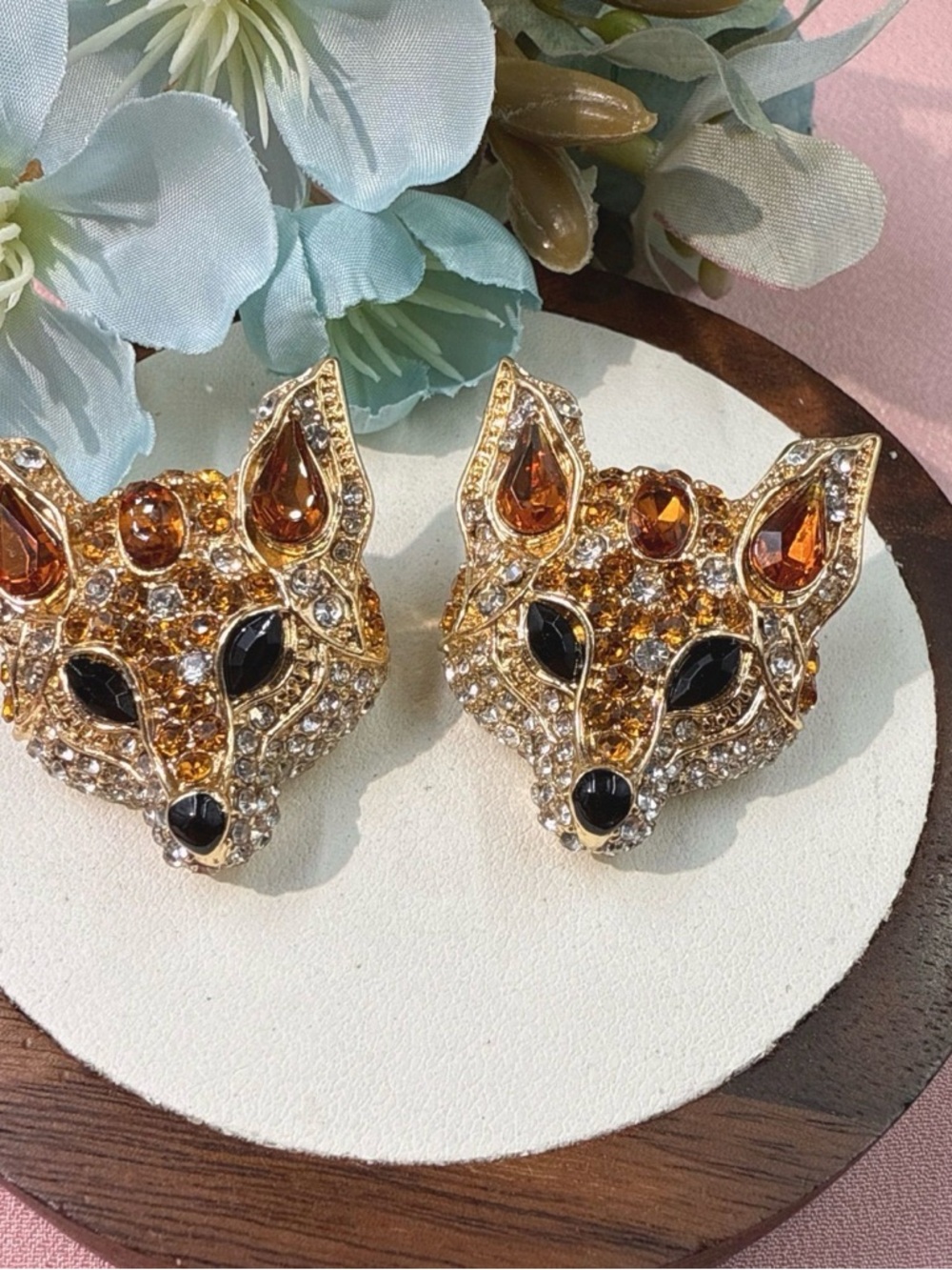 Chunky Gold-Tone Glass Amber Rhinestones Fox Head Stud Earrings - 925 Posts